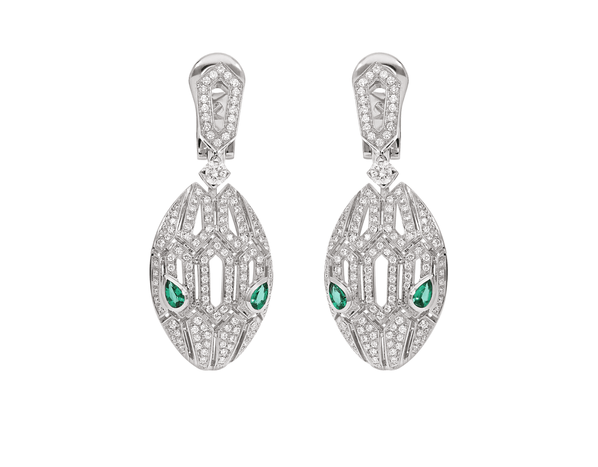 Carave Paris Serpenti Emerald Diamond Drop Earrings in White Gold