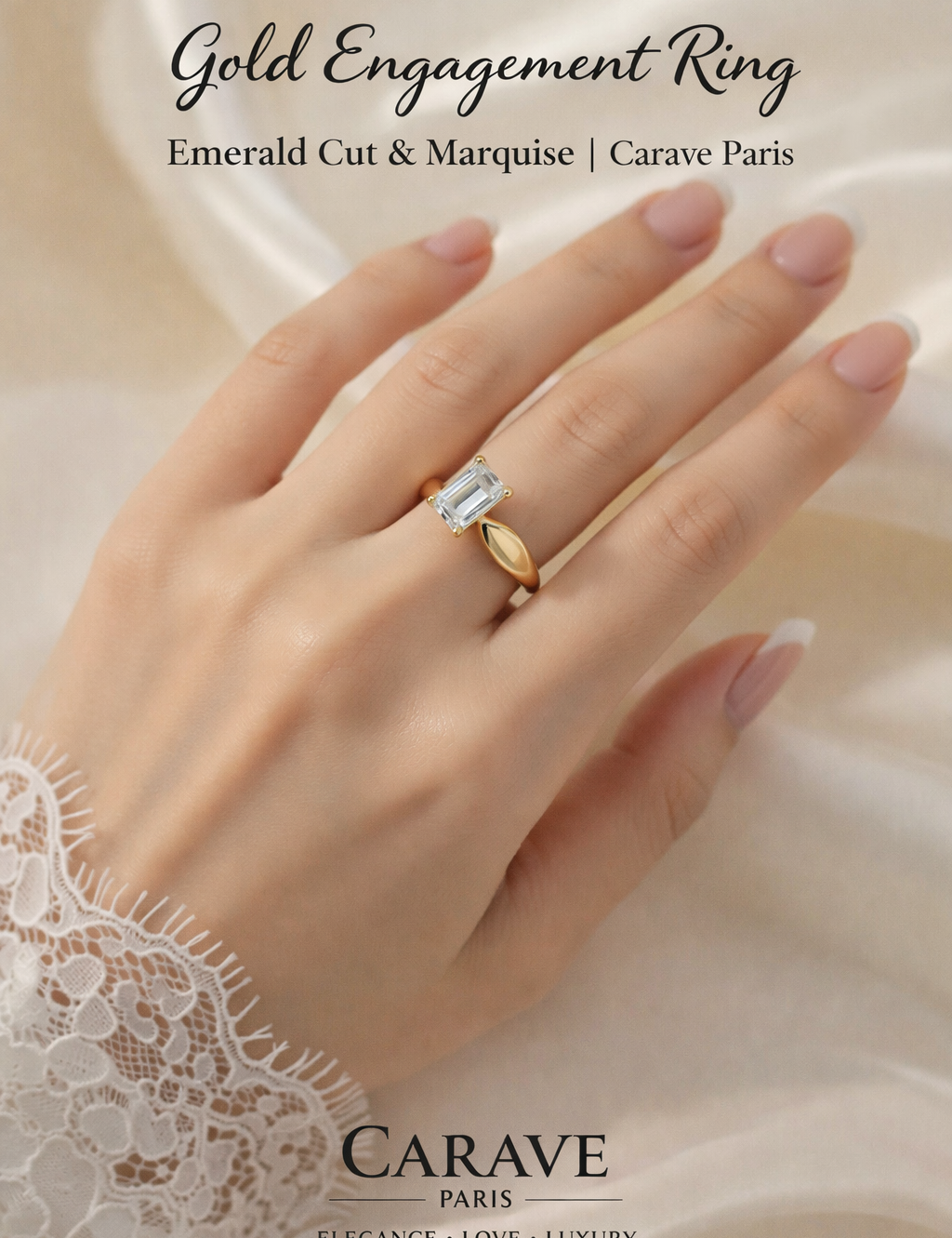 Emerald Cut Diamond Solitaire Ring in Gold  Elegant Engagement Style Ring for Women | Carave Paris