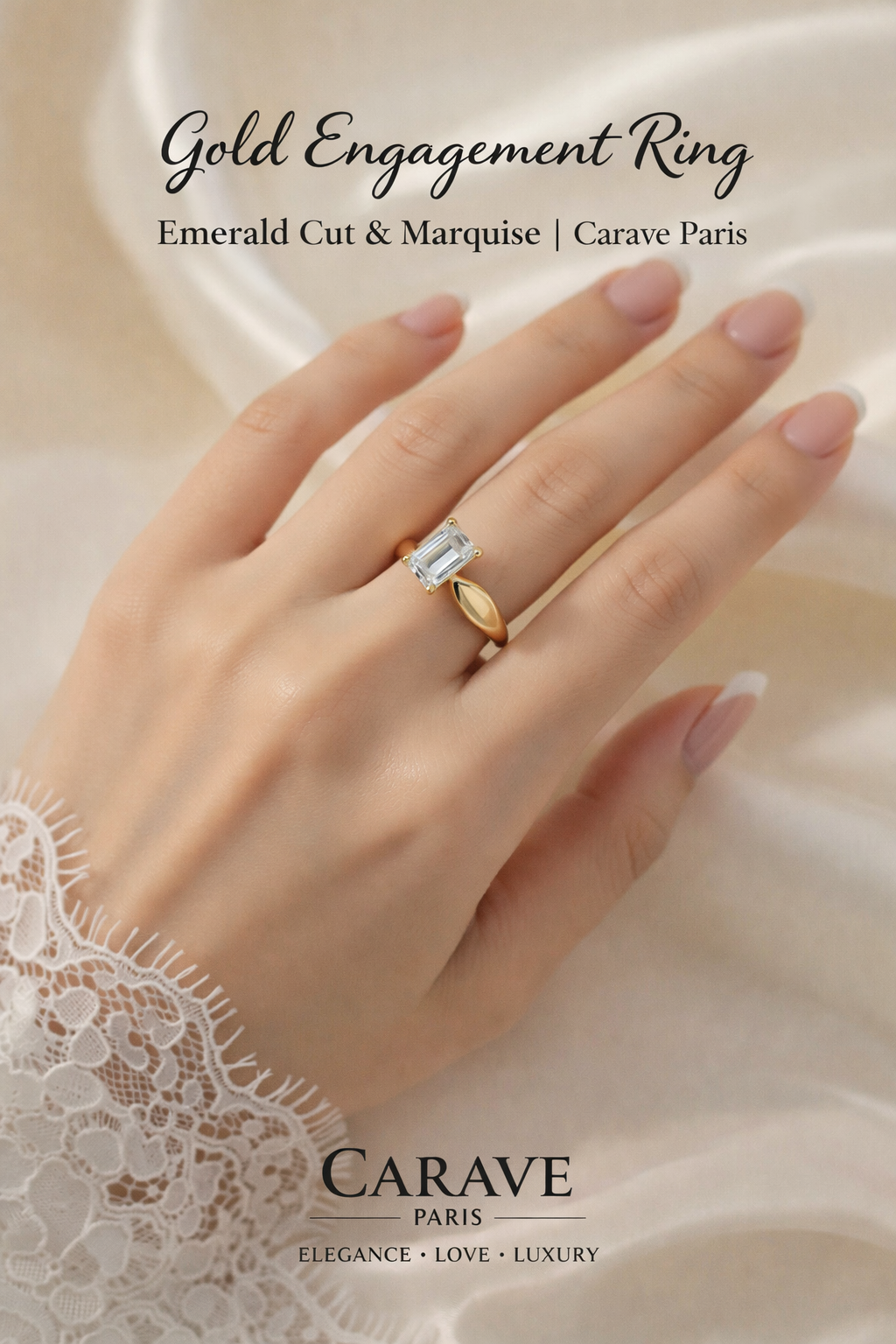 Emerald Cut Diamond Solitaire Ring in Gold  Elegant Engagement Style Ring for Women | Carave Paris