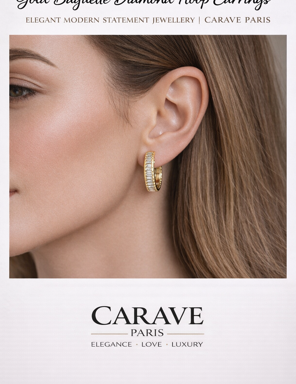Gold Baguette Diamond Hoop Earrings for Women Elegant Modern Statement Jewellery | Carave Paris