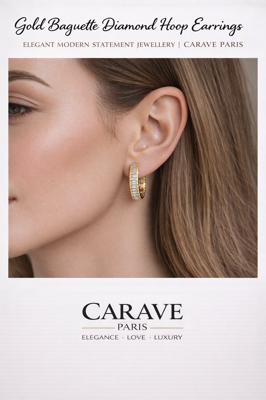 Gold Baguette Diamond Hoop Earrings for Women Elegant Modern Statement Jewellery | Carave Paris
