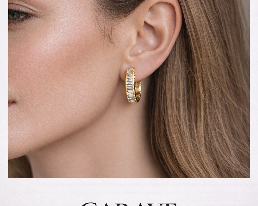 Gold Baguette Diamond Hoop Earrings for Women Elegant Modern Statement Jewellery | Carave Paris