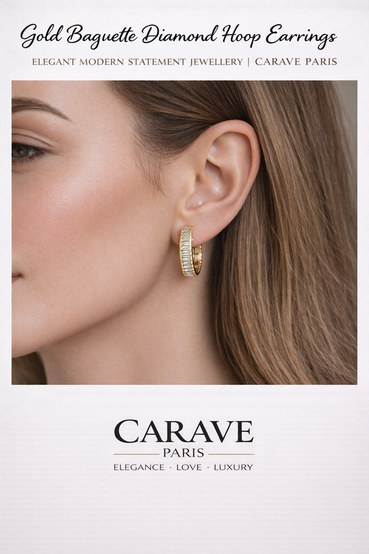 Gold Baguette Diamond Hoop Earrings for Women Elegant Modern Statement Jewellery | Carave Paris