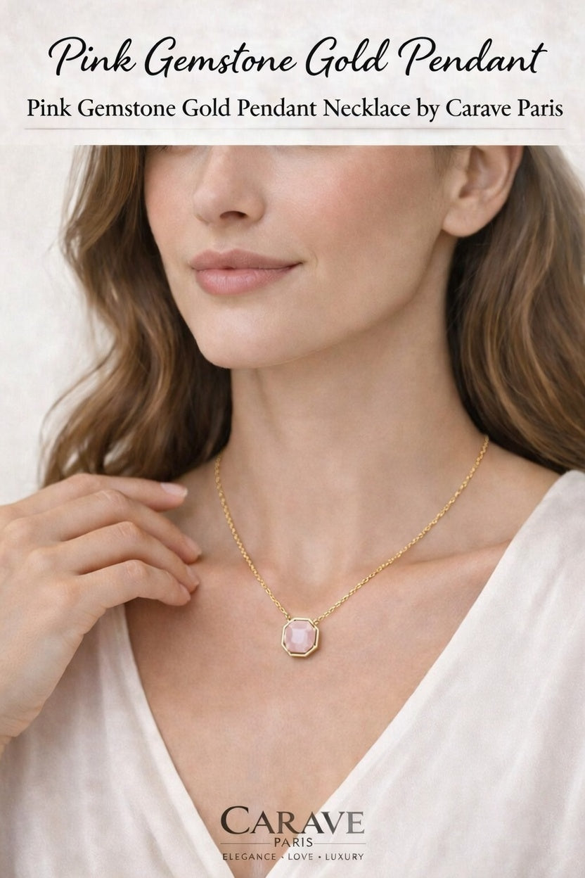 Pink Gemstone Gold Pendant Necklace for Women  Minimal Elegant Fine Jewellery | Carave Paris