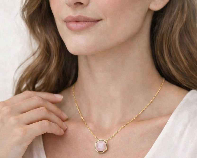 Pink Gemstone Gold Pendant Necklace for Women  Minimal Elegant Fine Jewellery | Carave Paris