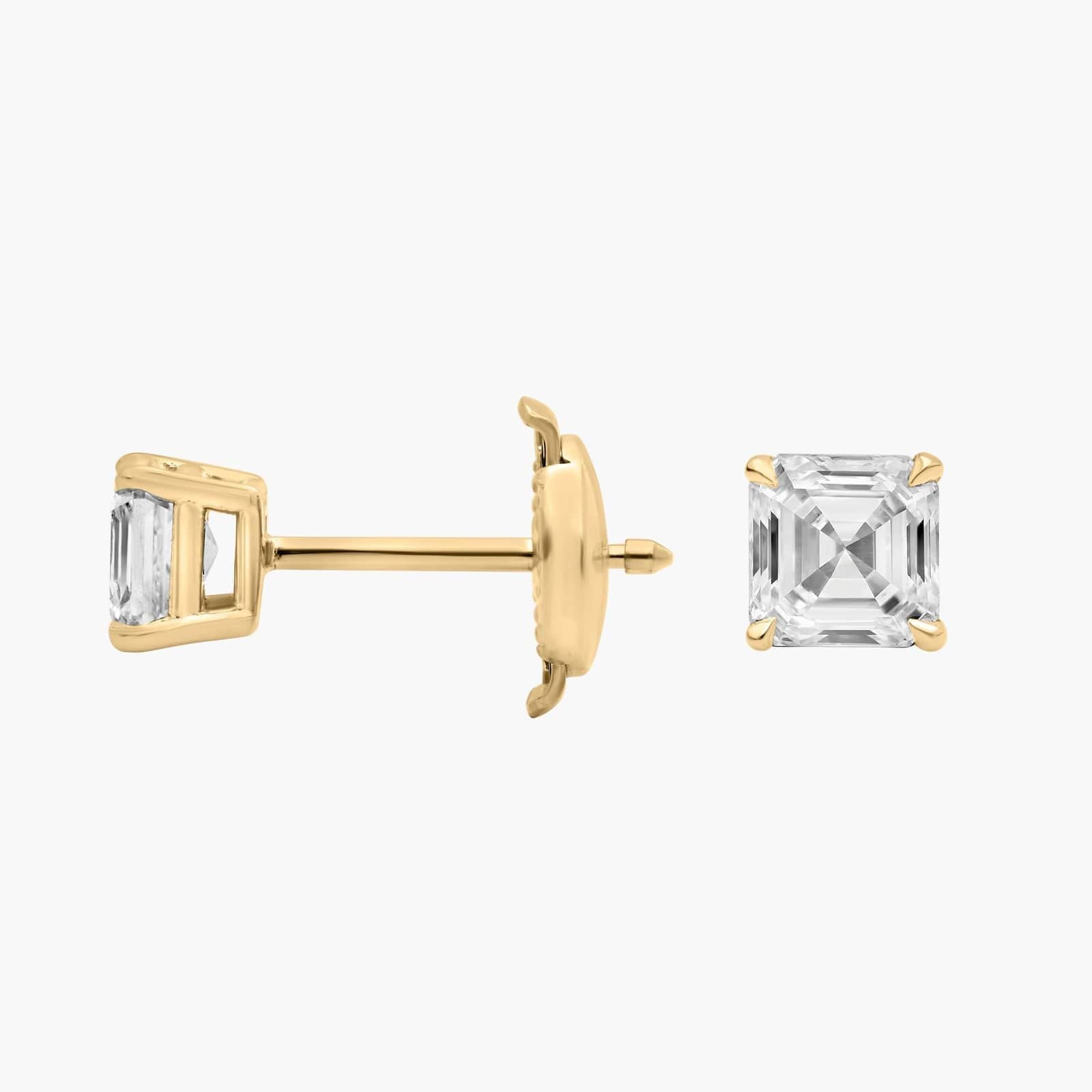 Asscher Cut Diamond Solitaire Stud Earrings in Yellow Gold