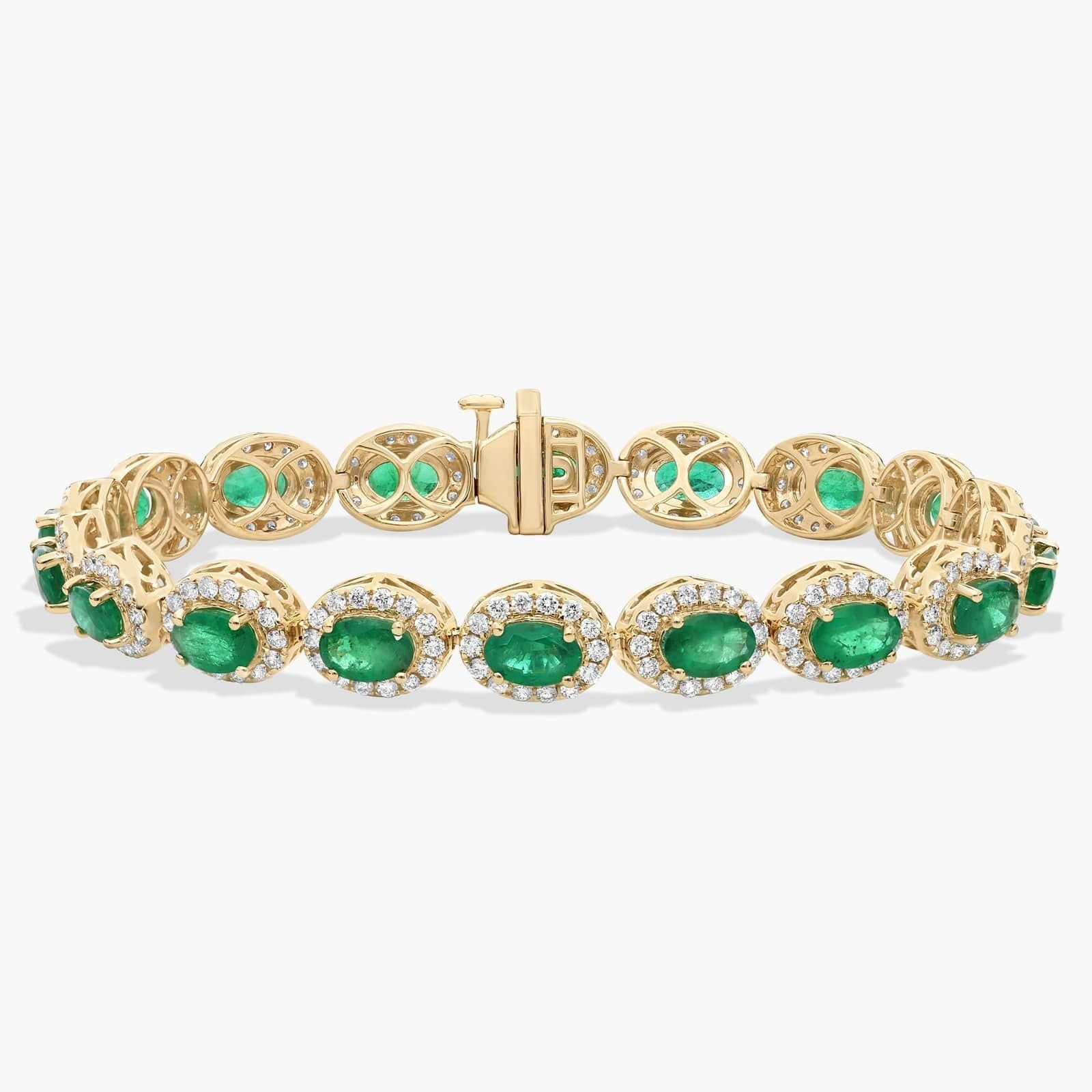 Oval Emerald and Diamond Halo Tennis Bracelet in Yellow Gold