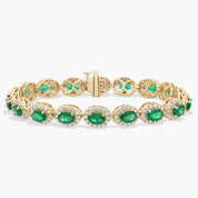 Oval Emerald and Diamond Halo Tennis Bracelet in Yellow Gold