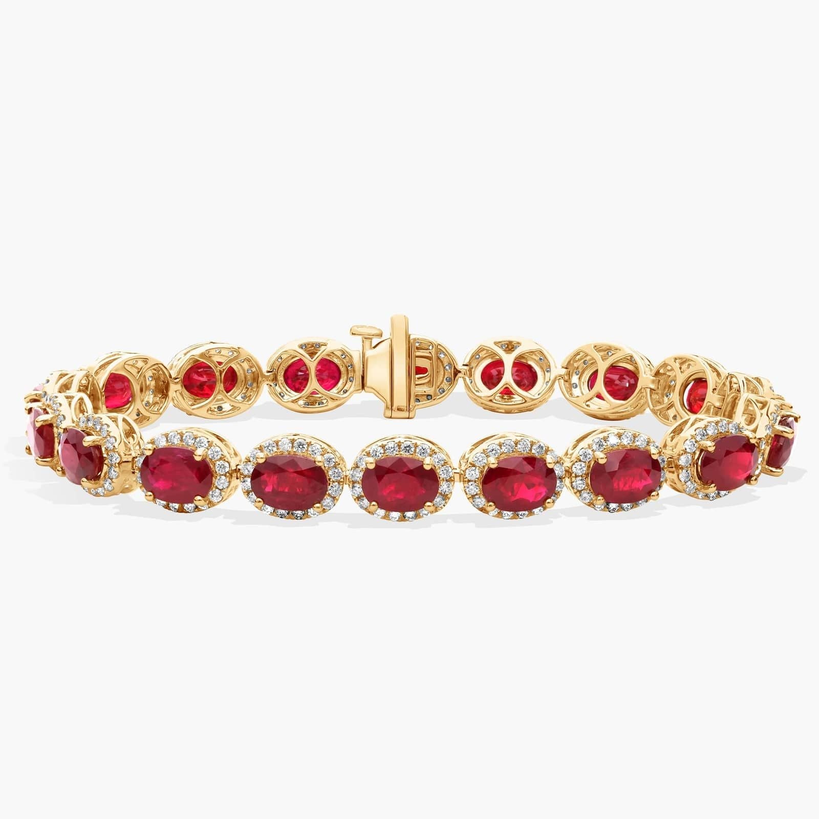 Oval Ruby and Diamond Halo Tennis Bracelet in Yellow Gold