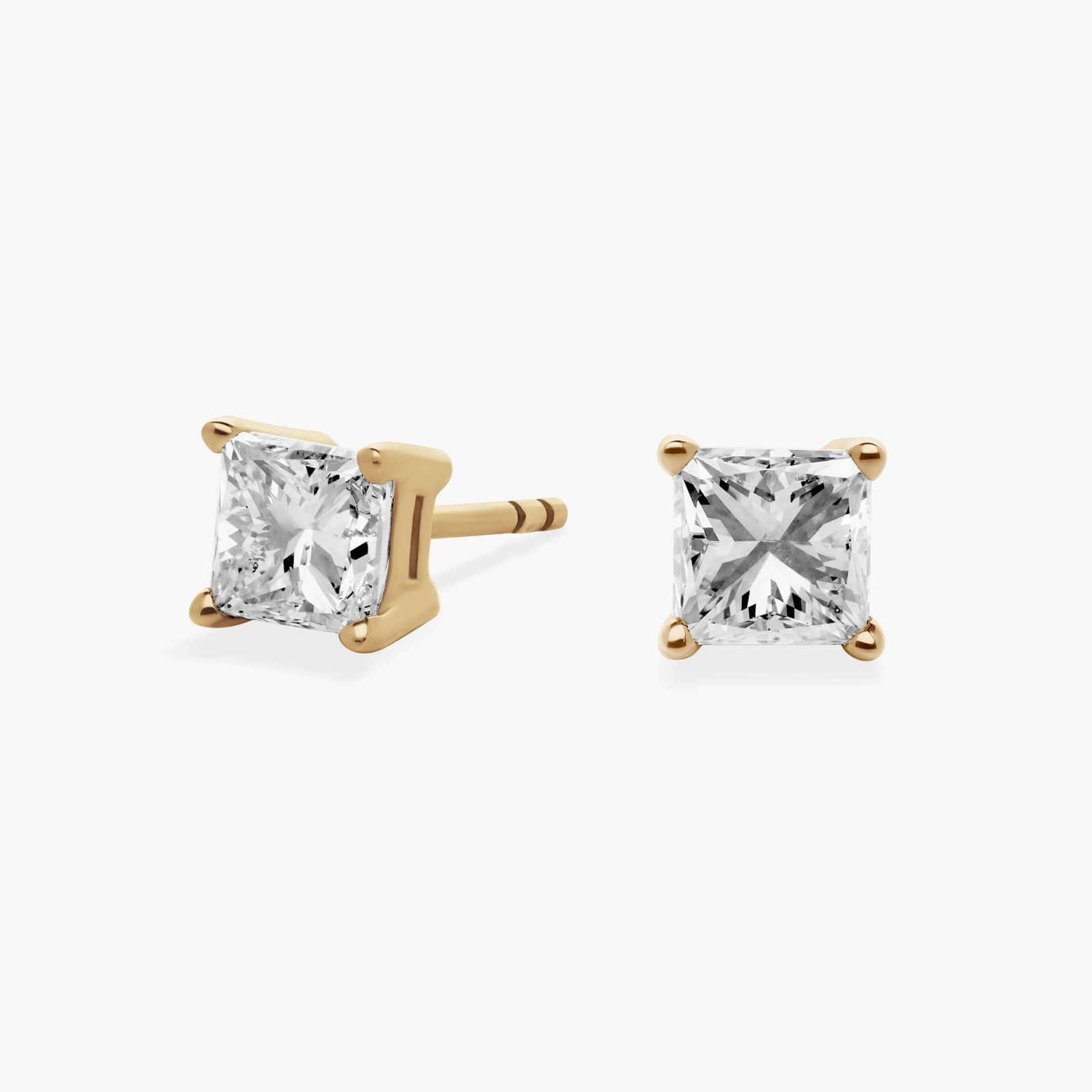 Classic Princess Cut Diamond Stud Earrings in Yellow Gold with Push Back Closure