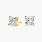 Elegant Princess Cut Diamond Stud Earrings in Yellow Gold with Push Back Closure
