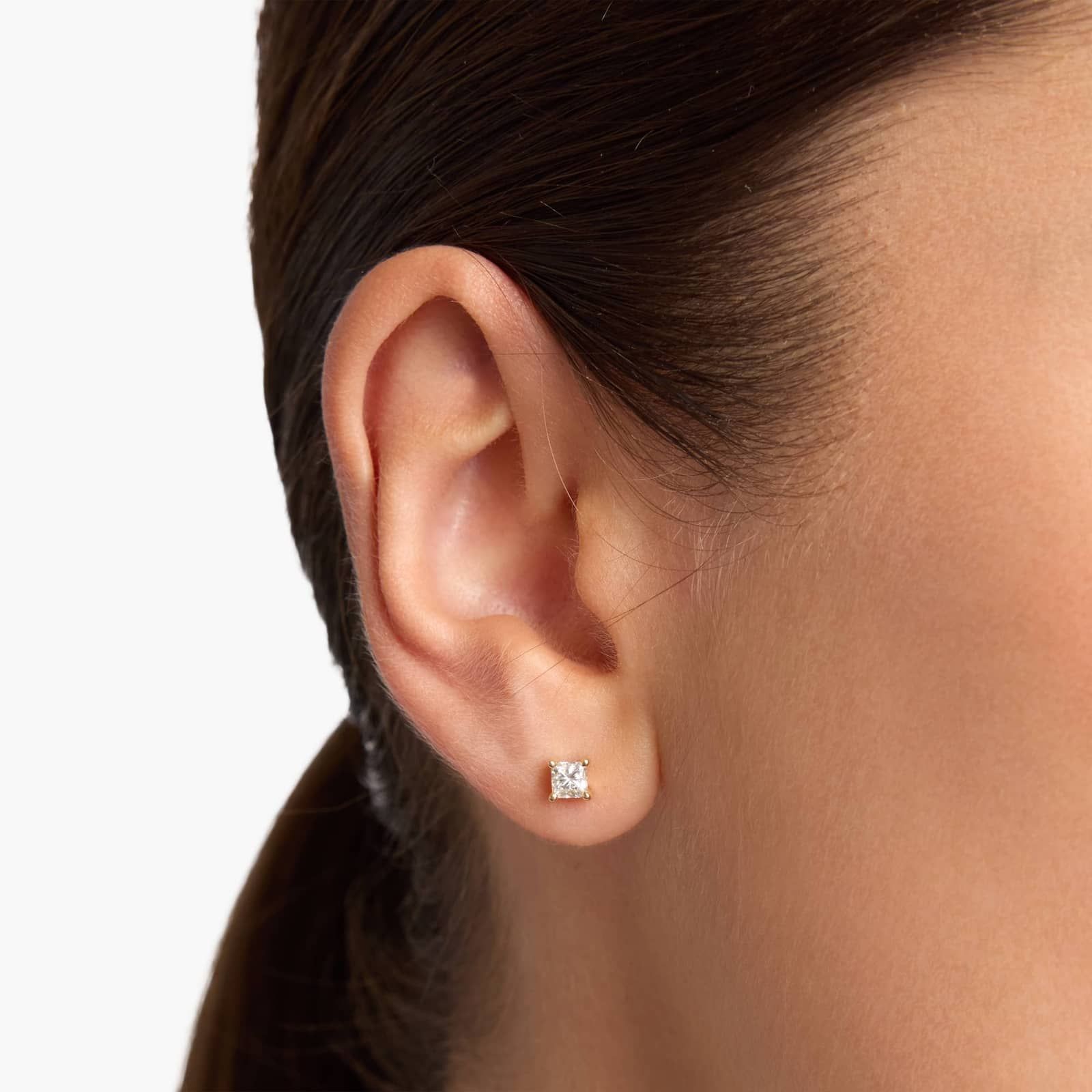 Timeless Princess Cut Diamond Stud Earrings in Yellow Gold with Push Back Closure