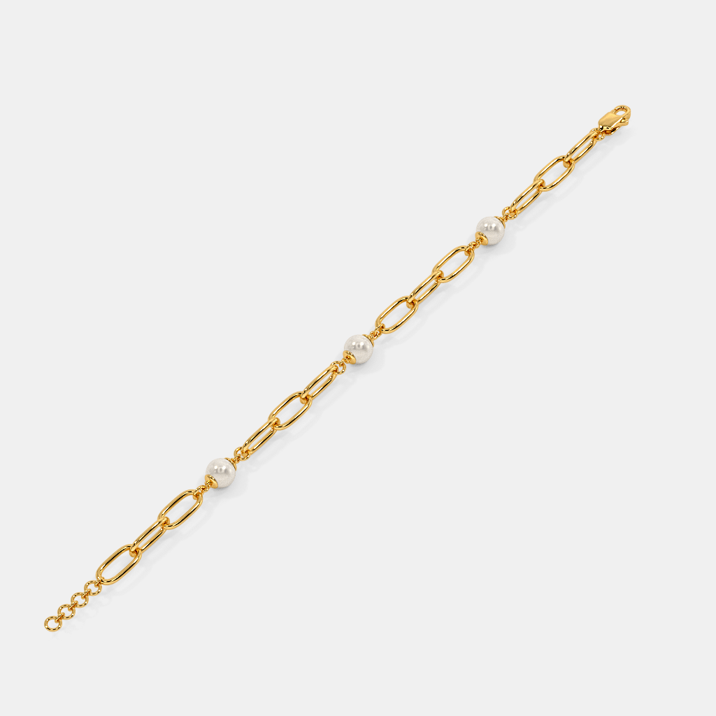 Women’s Pearl Accent Yellow Gold Link Chain Bracelet with Sleek Elegant Finish