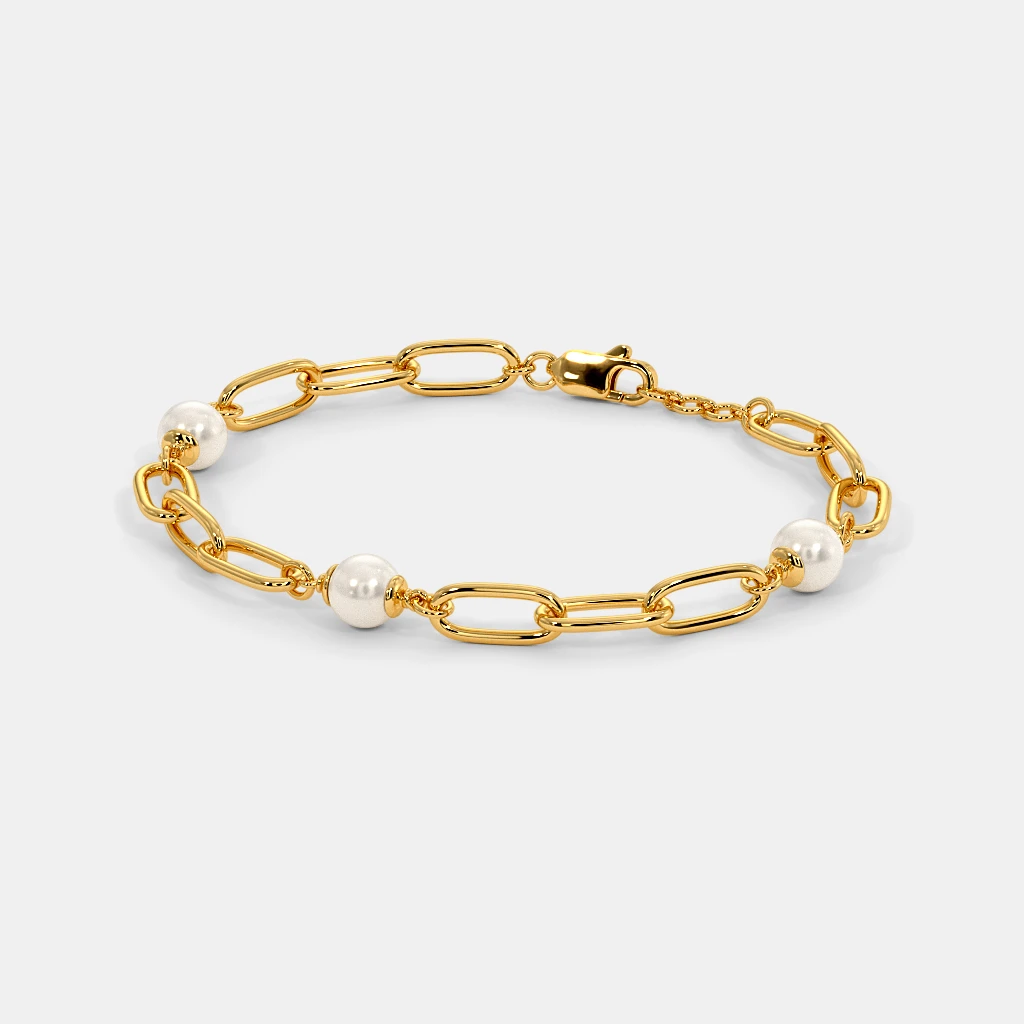 Women’s Pearl Accent Yellow Gold Link Chain Bracelet with Sleek Elegant Finish