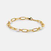 Women’s Pearl Accent Yellow Gold Link Chain Bracelet with Sleek Elegant Finish