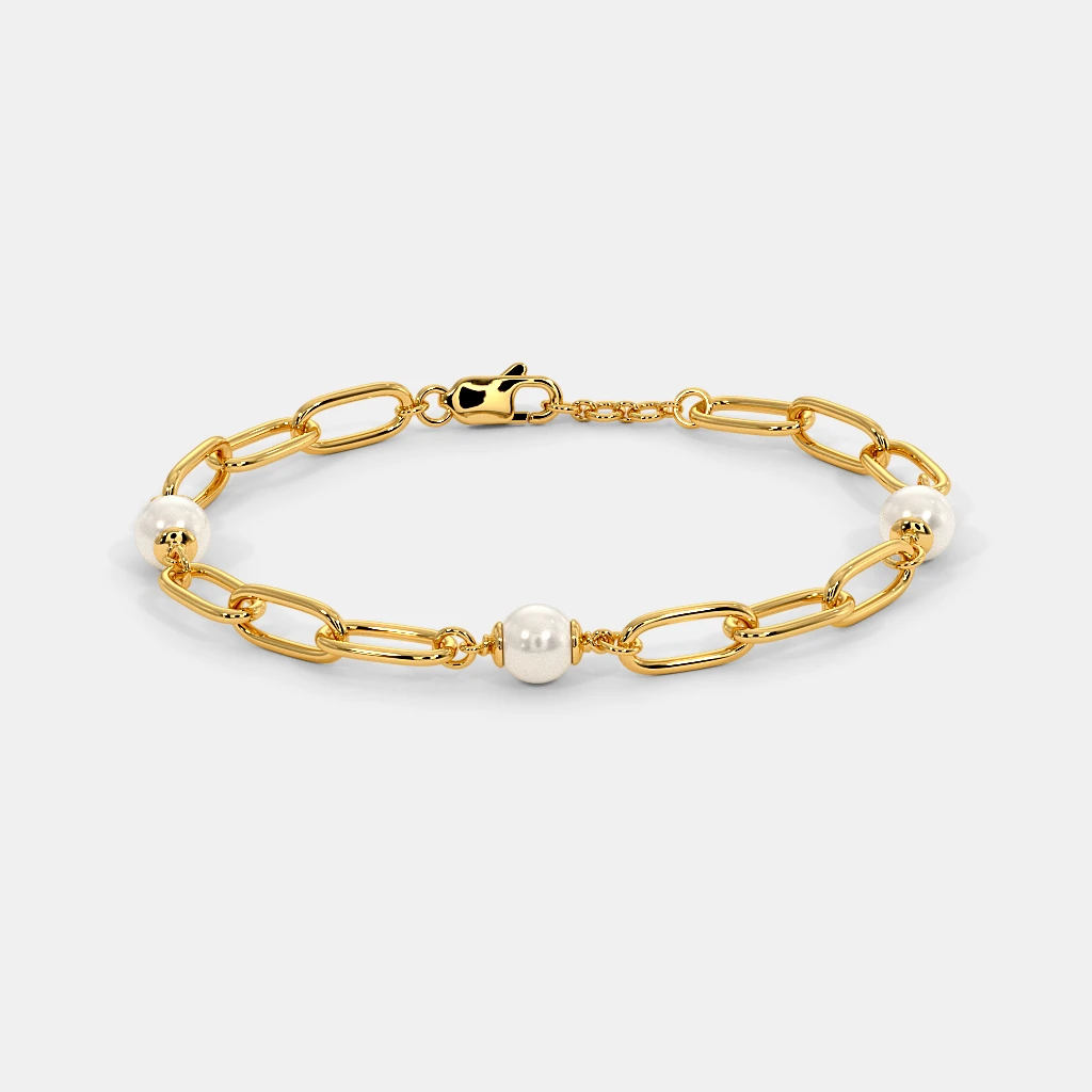 Women’s Pearl Accent Yellow Gold Link Chain Bracelet with Sleek Elegant Finish