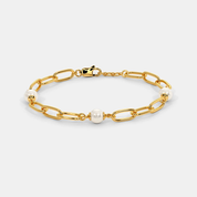 Women’s Pearl Accent Yellow Gold Link Chain Bracelet with Sleek Elegant Finish