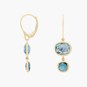 Yellow Gold Double Drop Blue Gemstone Bezel Earrings