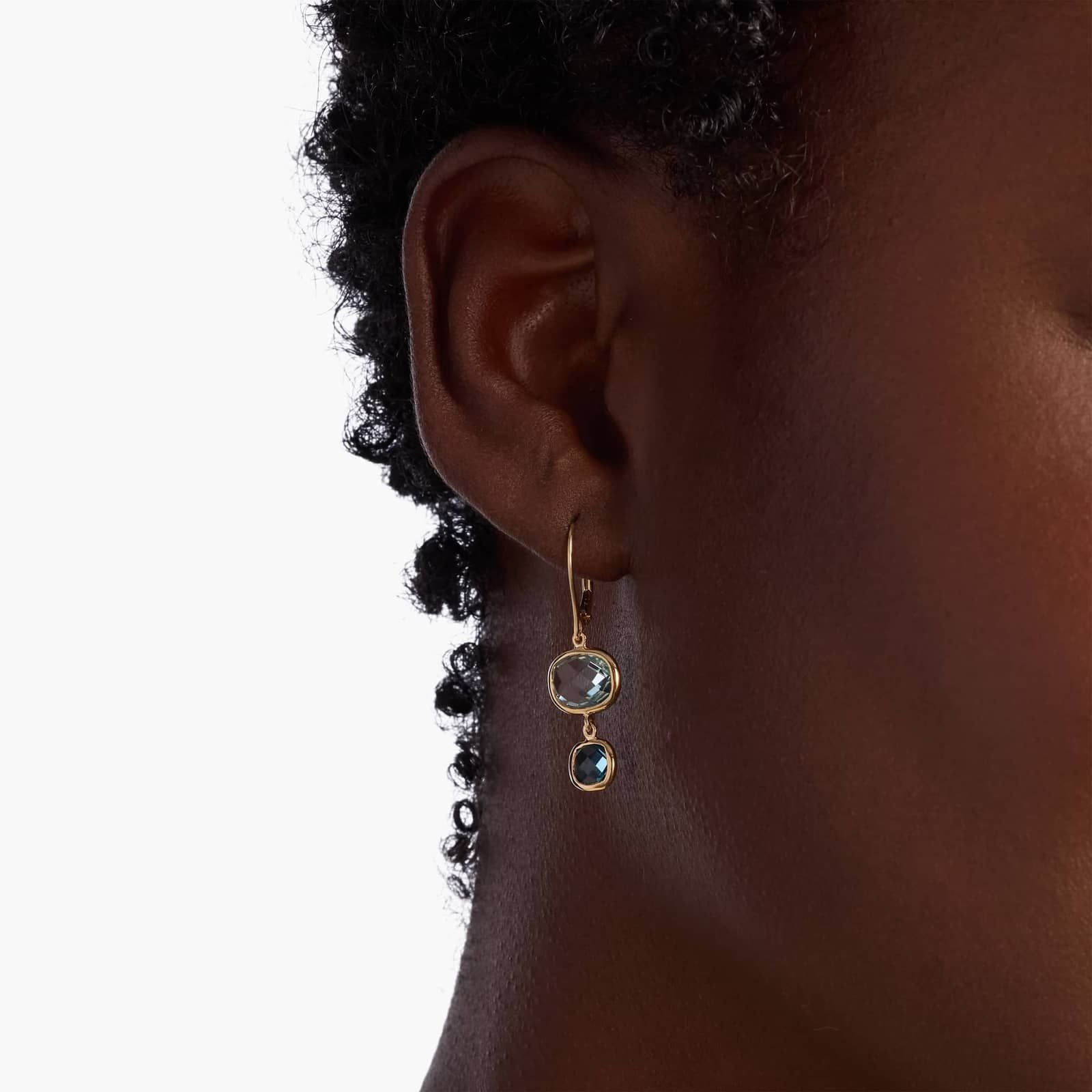 Yellow Gold Double Drop Blue Gemstone Bezel Earrings