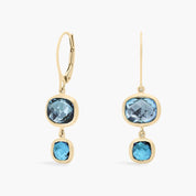 Yellow Gold Double Drop Blue Gemstone Bezel Earrings