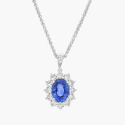Sterling Silver Blue Sapphire Diamond Halo Pendant Necklace