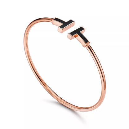 Carave Paris Black Enamel T Rose Gold Open Bangle for Women