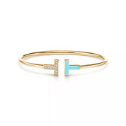 Carave Paris Diamond Turquoise T Yellow Gold Open Bangle for Women