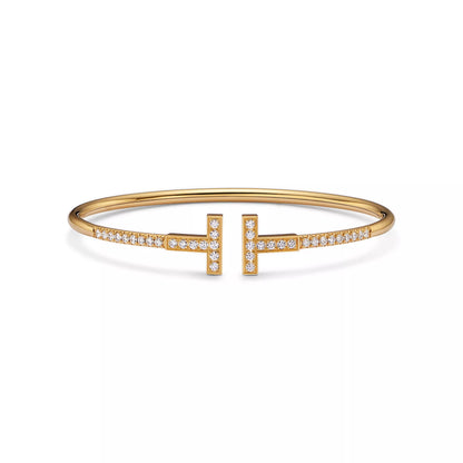 Carave Paris Pavé Diamond Double T Yellow Gold Bangle for Women