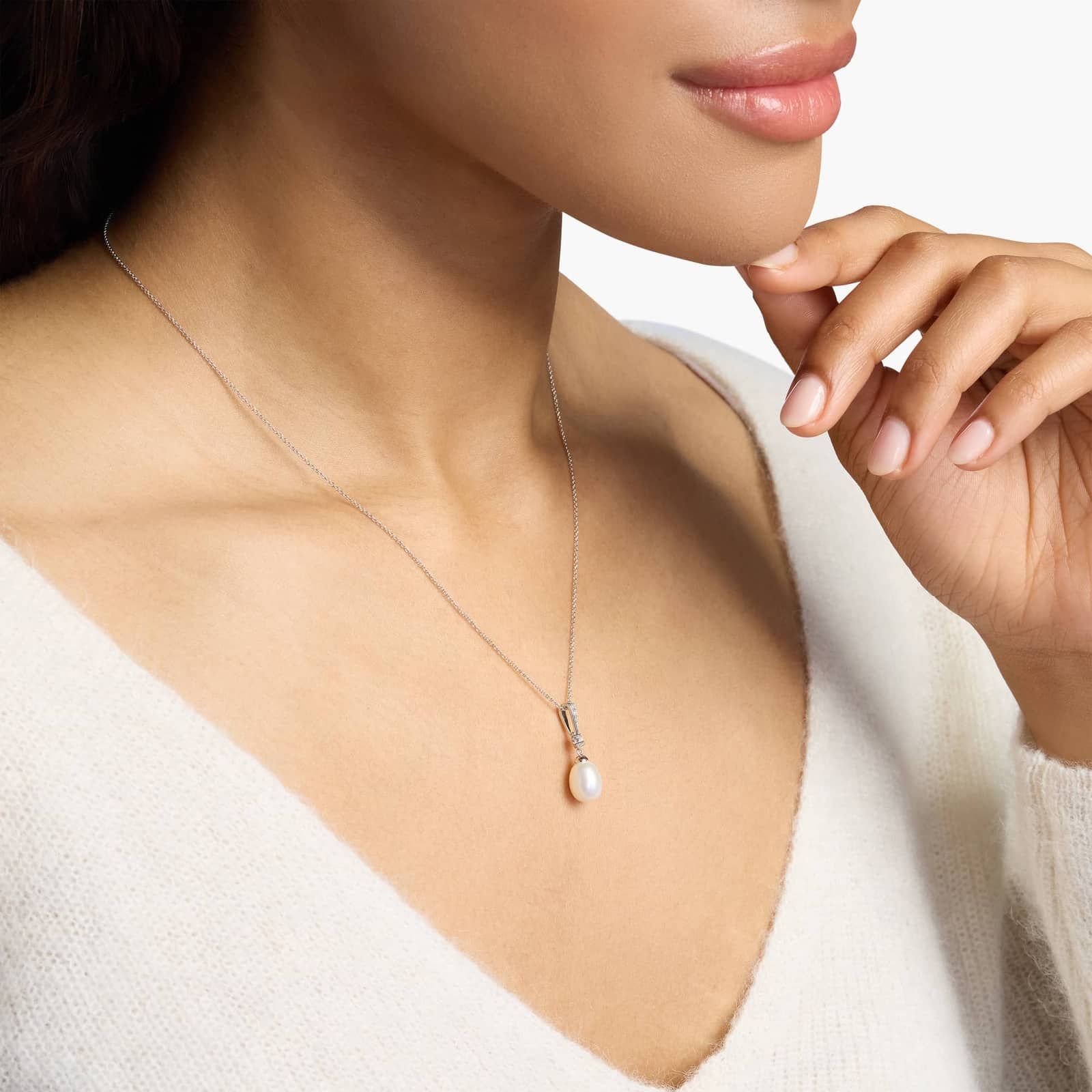 Sterling Silver Diamond Teardrop Pearl Pendant Necklace