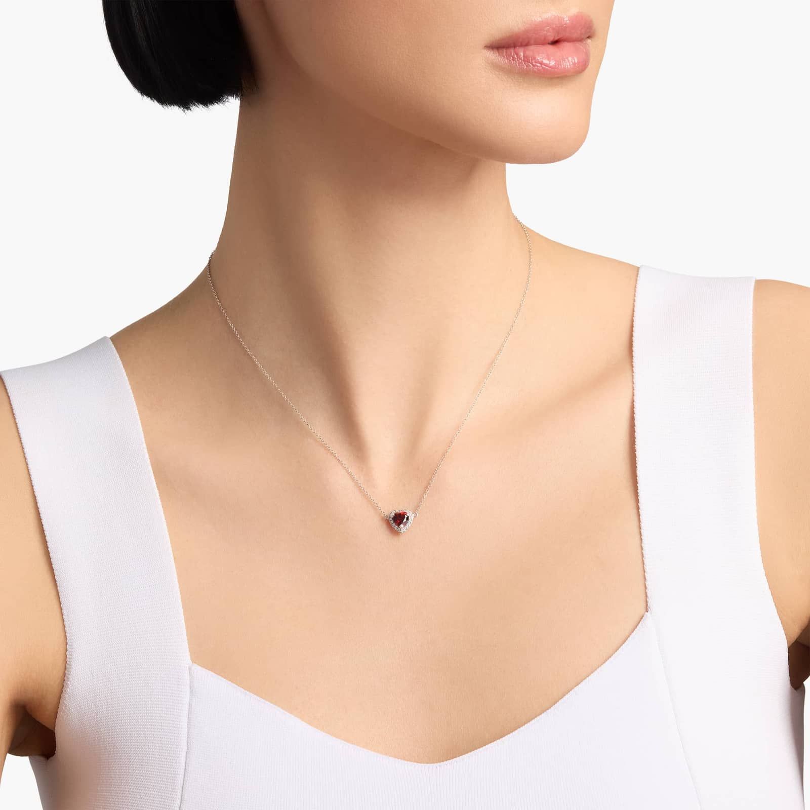 Sterling Silver Heart Garnet Diamond Halo Pendant Necklace