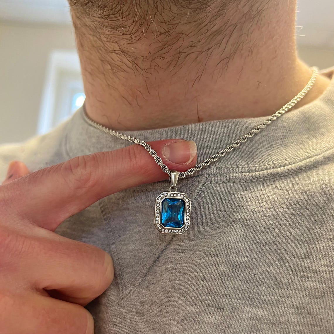 Men’s Silver Rope Chain Necklace with Blue Stone Pendant