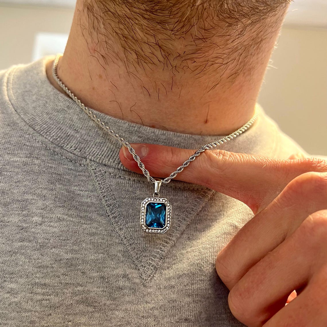 Men’s Silver Rope Chain Necklace with Blue Stone Pendant