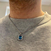 Men’s Silver Rope Chain Necklace with Blue Stone Pendant