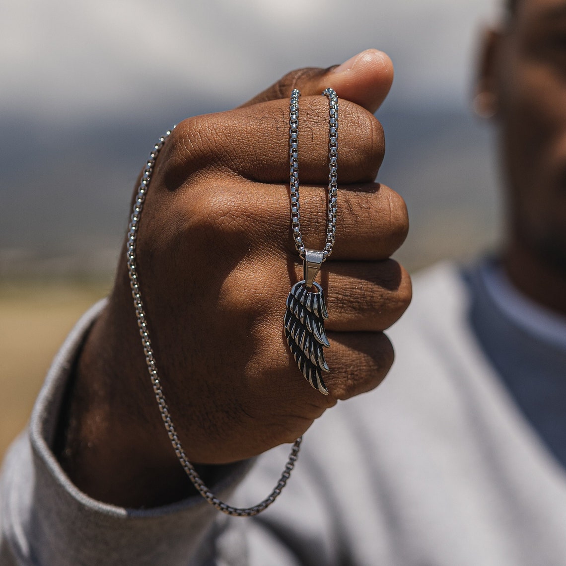 Men’s Angel Wing Silver Pendant Chain Necklace