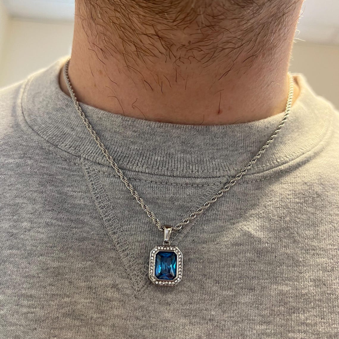 Men’s Silver Rope Chain Necklace with Blue Stone Pendant