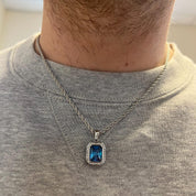 Men’s Silver Rope Chain Necklace with Blue Stone Pendant