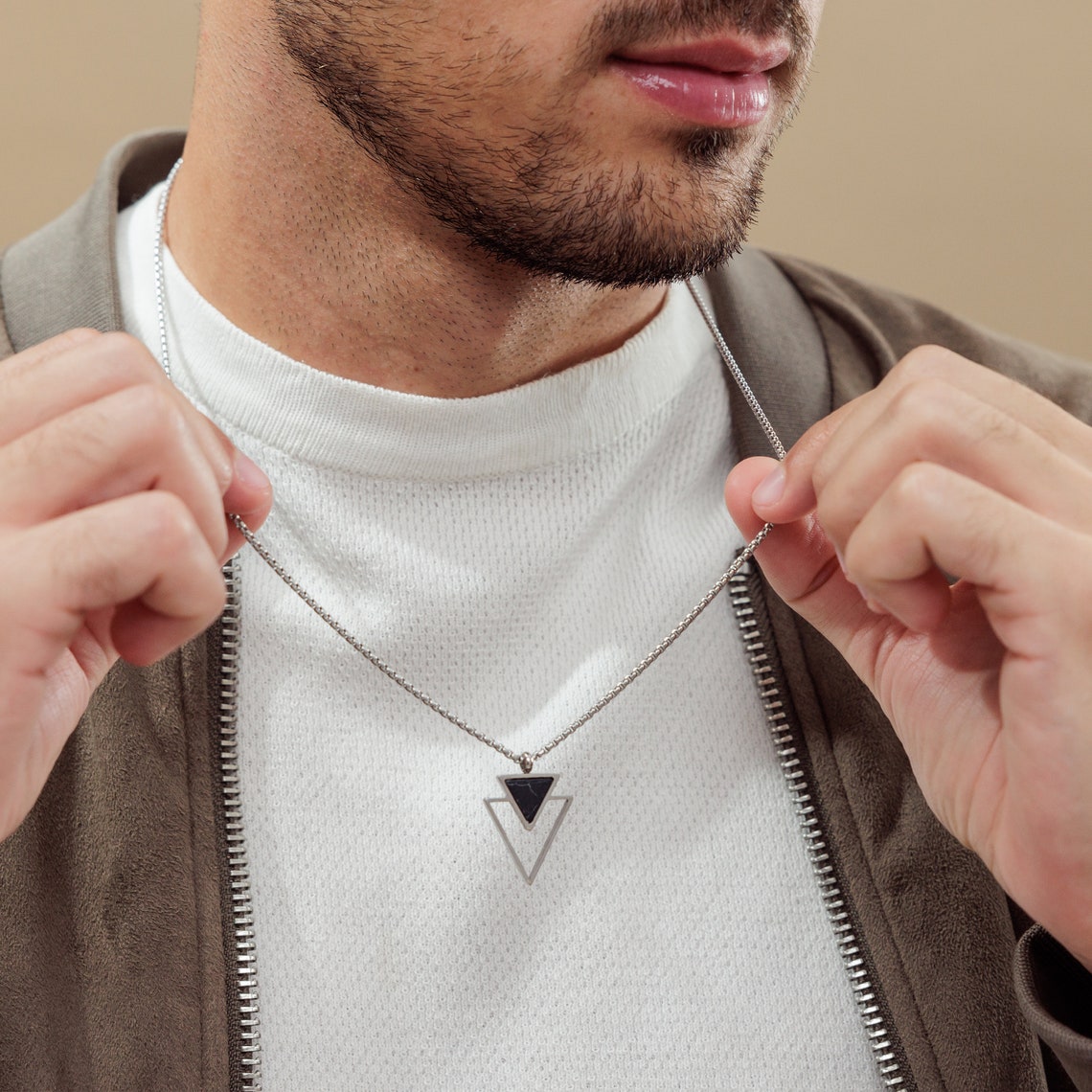 Men’s Geometric Double Triangle Silver Pendant Necklace