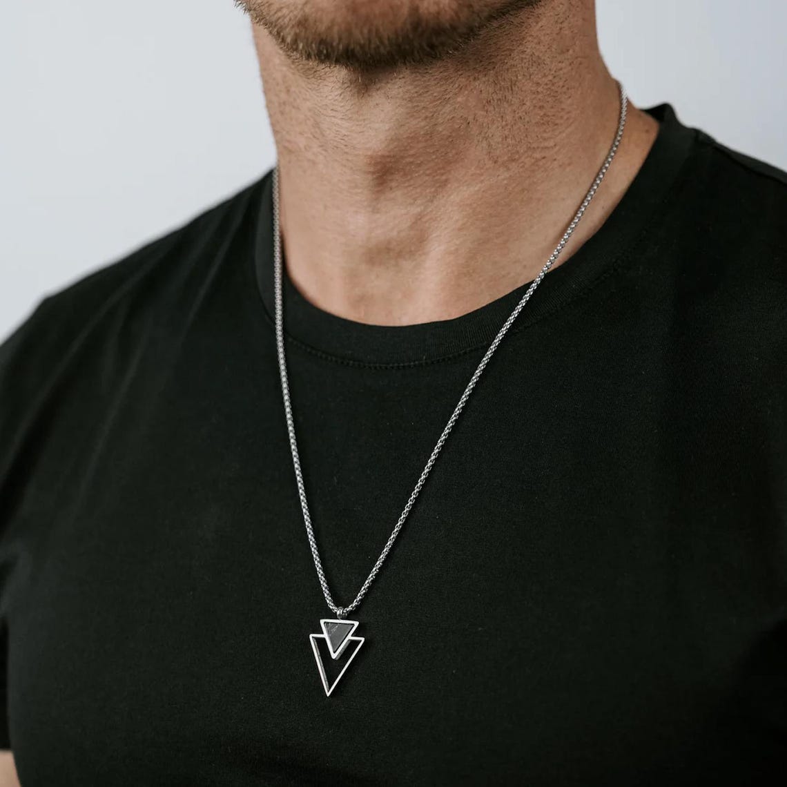 Men’s Geometric Double Triangle Silver Pendant Necklace