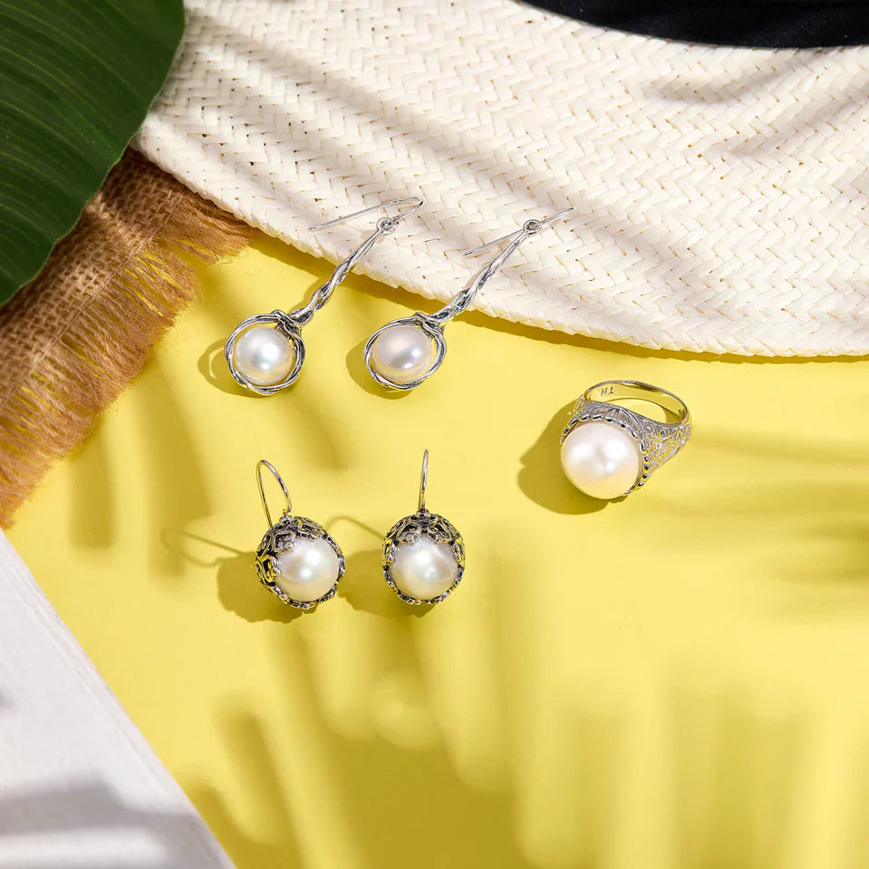 Silver Twisted Pearl Drop Hook Earrings