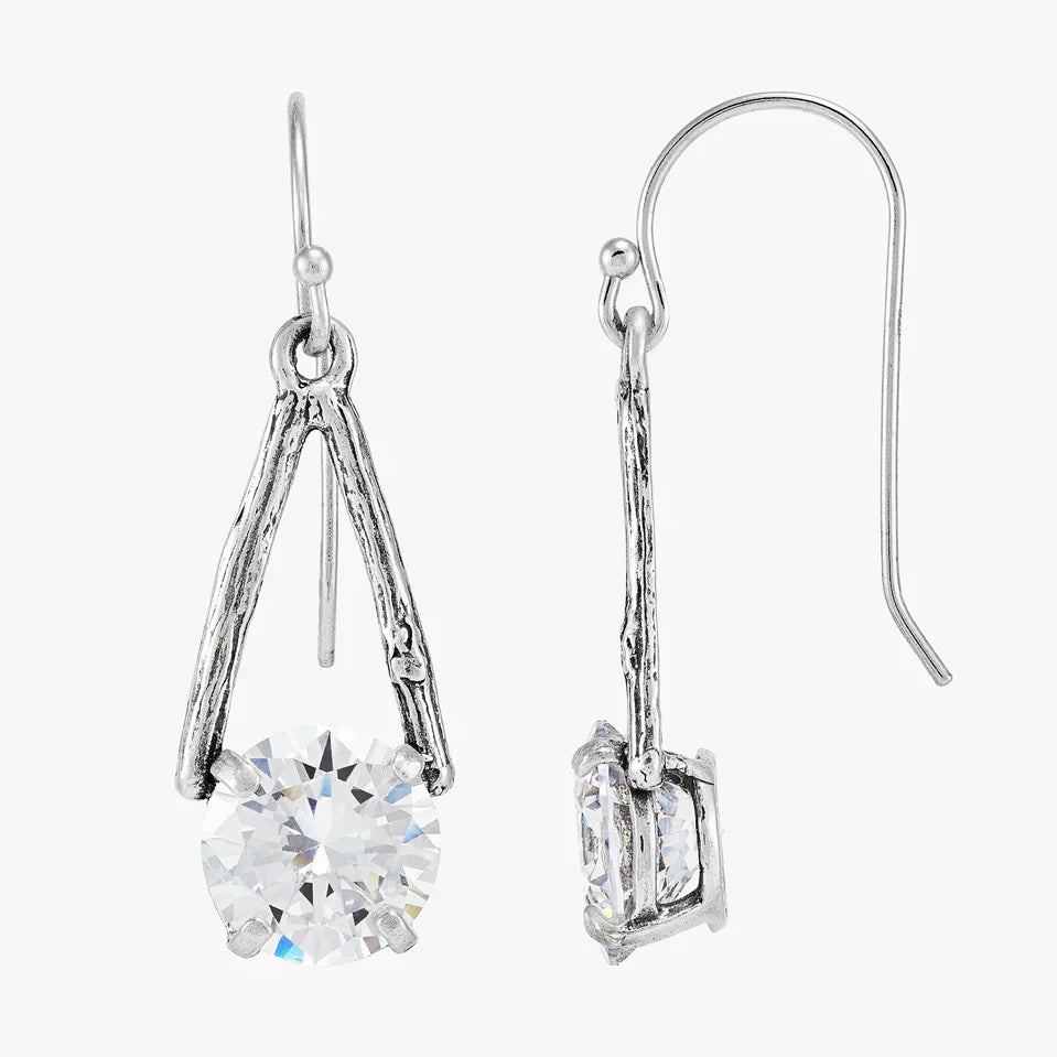 Silver Drop Solitaire Hook Earrings