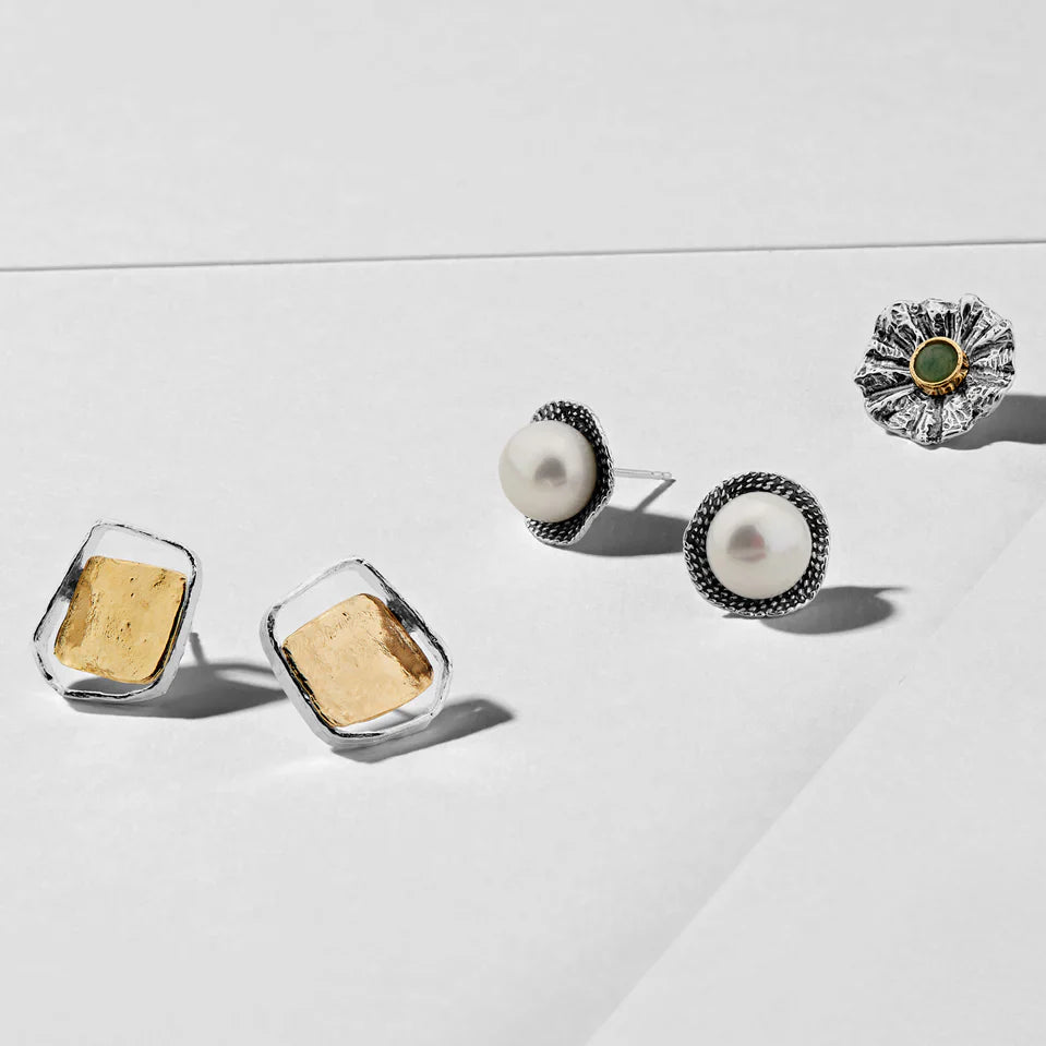 Silver Sculpted Square Stud Earrings