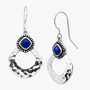 Silver Hammered Gemstone Drop Hook Earrings