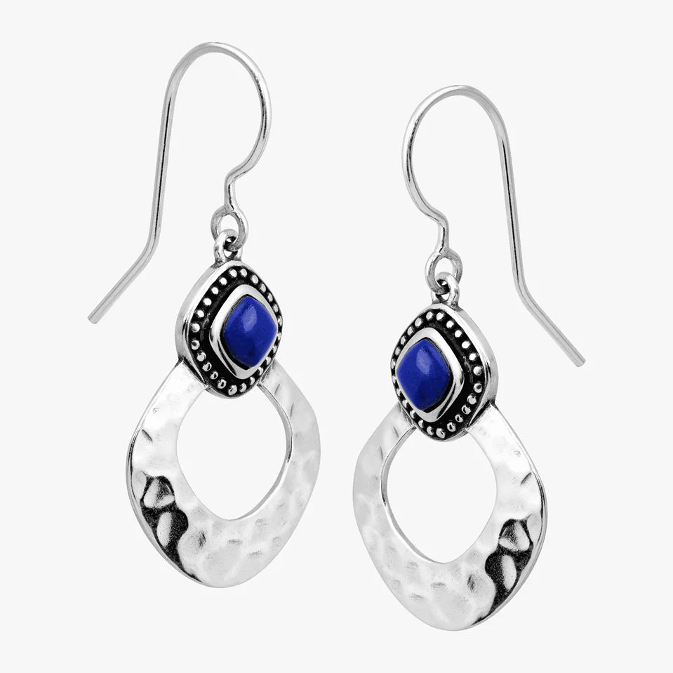 Silver Hammered Gemstone Drop Hook Earrings
