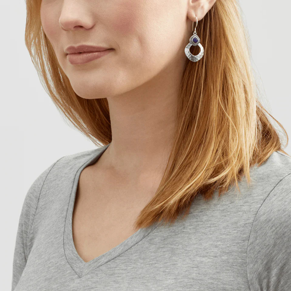 Silver Hammered Gemstone Drop Hook Earrings