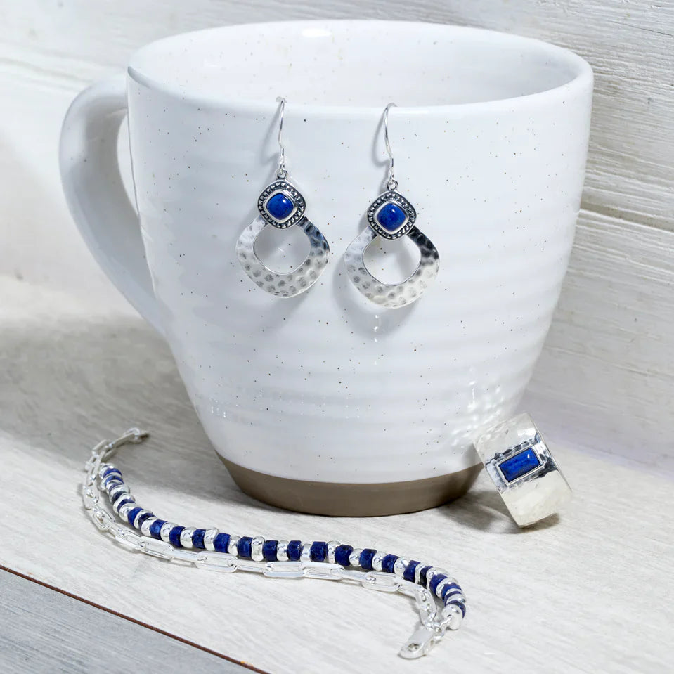 Carave Paris Blue Gemstone Hammered Circle Drop Earrings