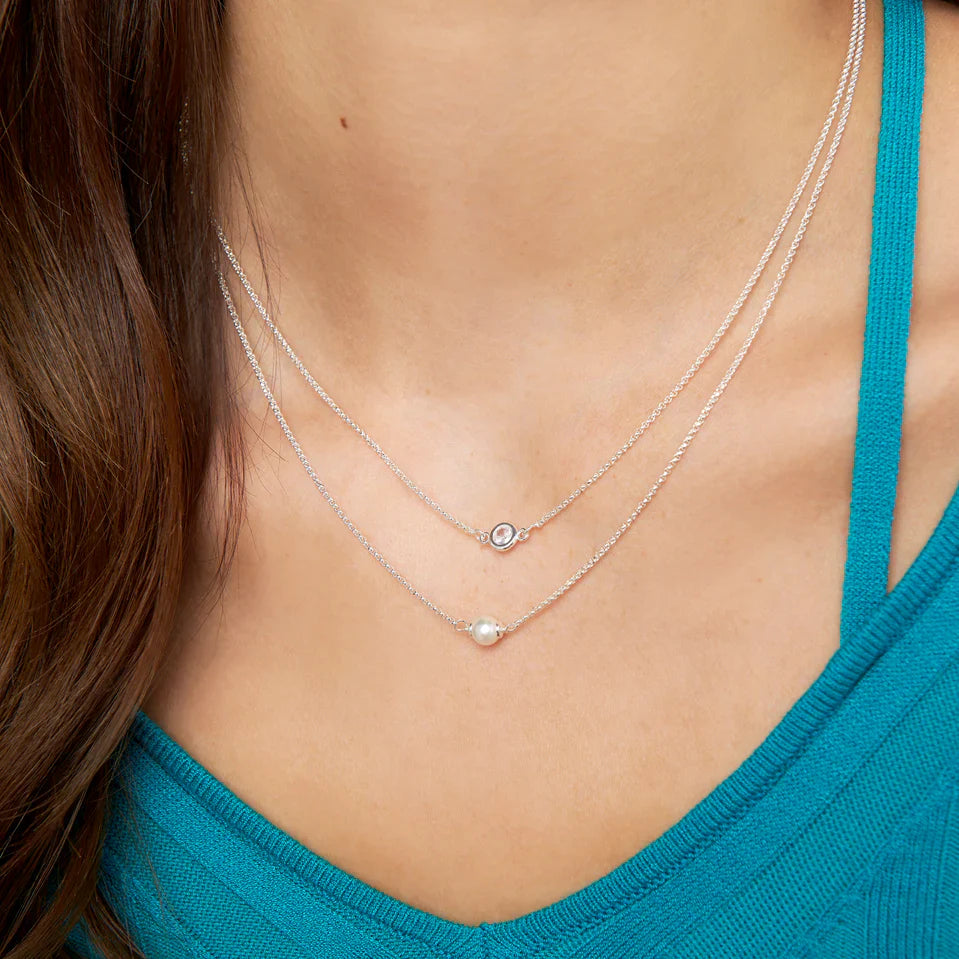 Layered Pearl and Stone Silver Necklace