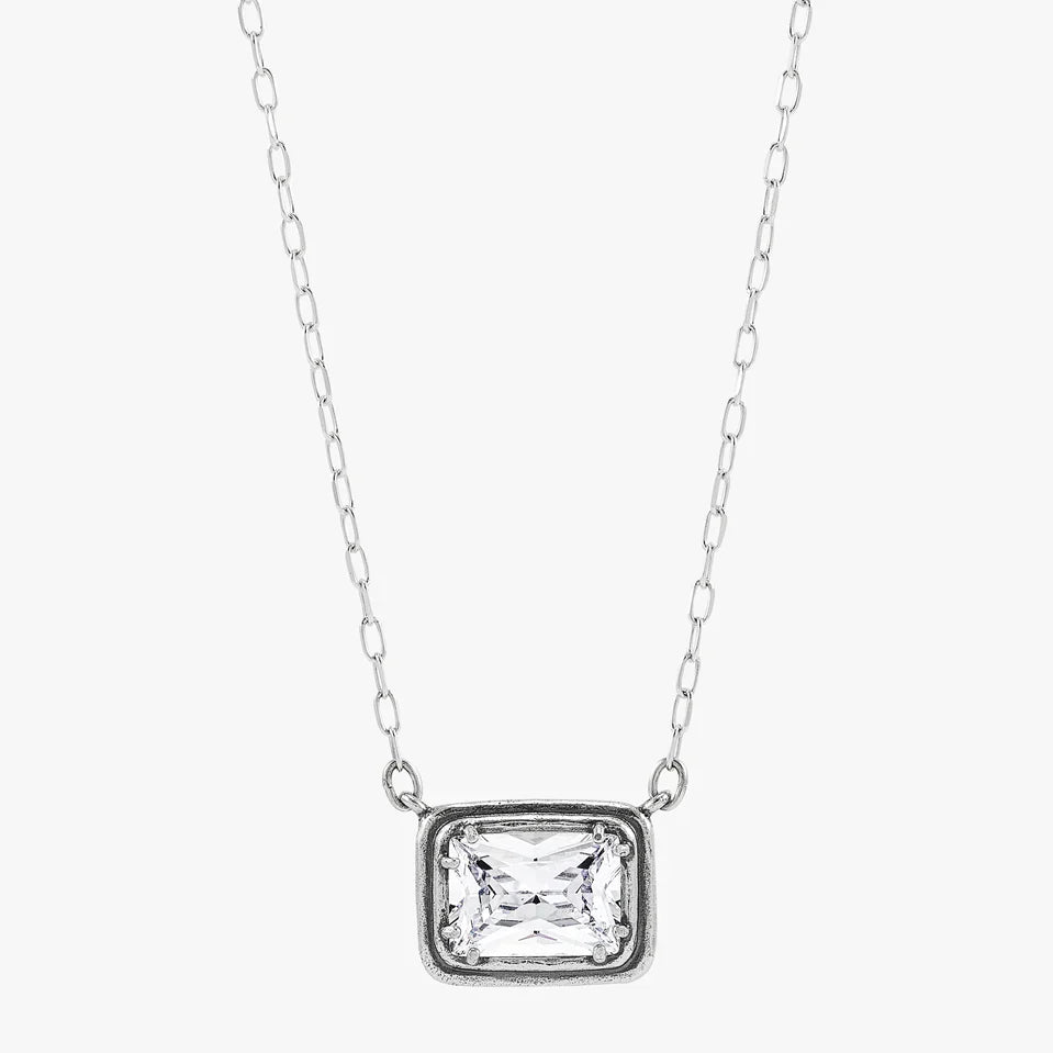 Emerald Cut Stone Framed Silver Necklace