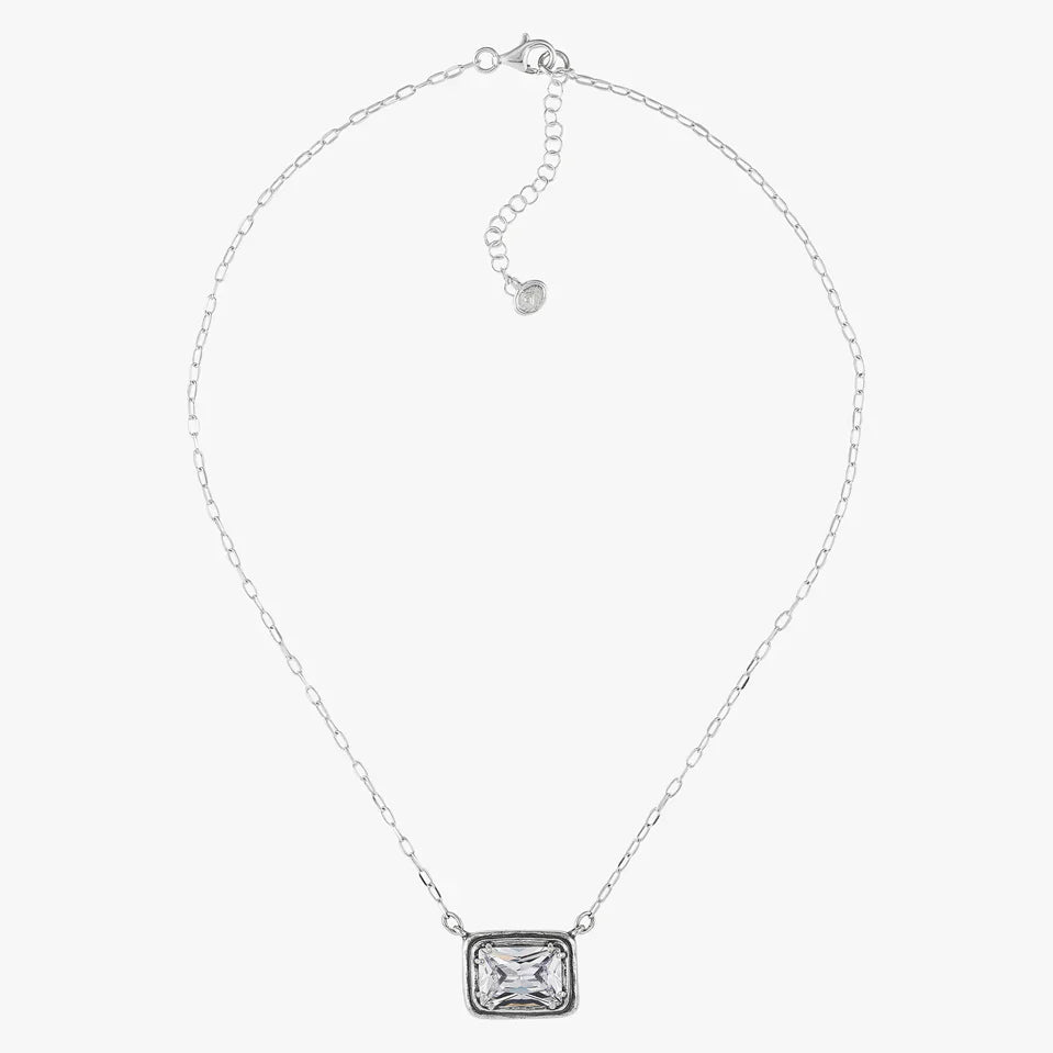 Emerald Cut Stone Framed Silver Necklace