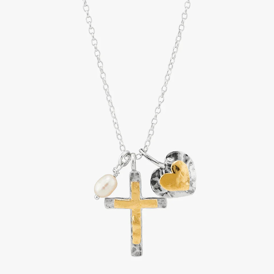 Cross and Heart Charm Silver Necklace