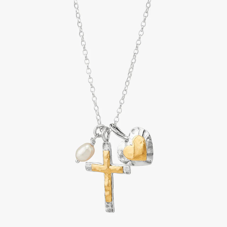 Cross and Heart Charm Silver Necklace
